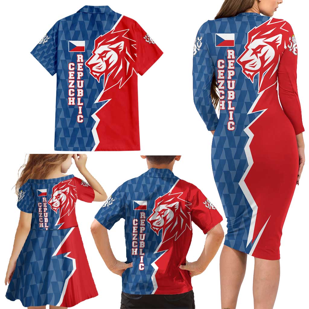 Czech Republic Family Matching Long Sleeve Bodycon Dress and Hawaiian Shirt with Red Blue Modern Lion Design and Geometric Flag - Wonder Print Shop