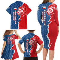 Czech Republic Family Matching Long Sleeve Bodycon Dress and Hawaiian Shirt with Red Blue Modern Lion Design and Geometric Flag - Wonder Print Shop