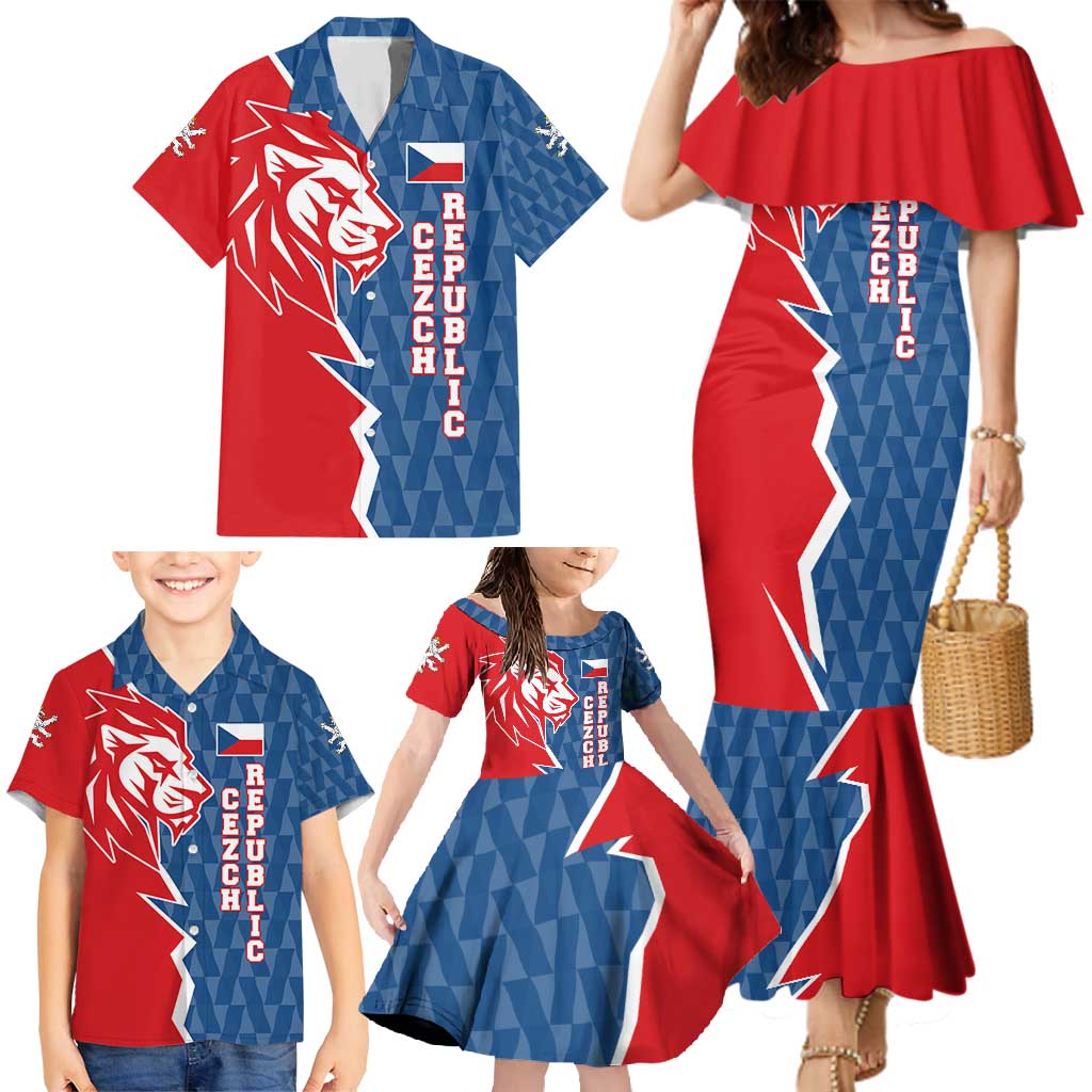 Czech Republic Family Matching Mermaid Dress and Hawaiian Shirt with Red Blue Modern Lion Design and Geometric Flag - Wonder Print Shop