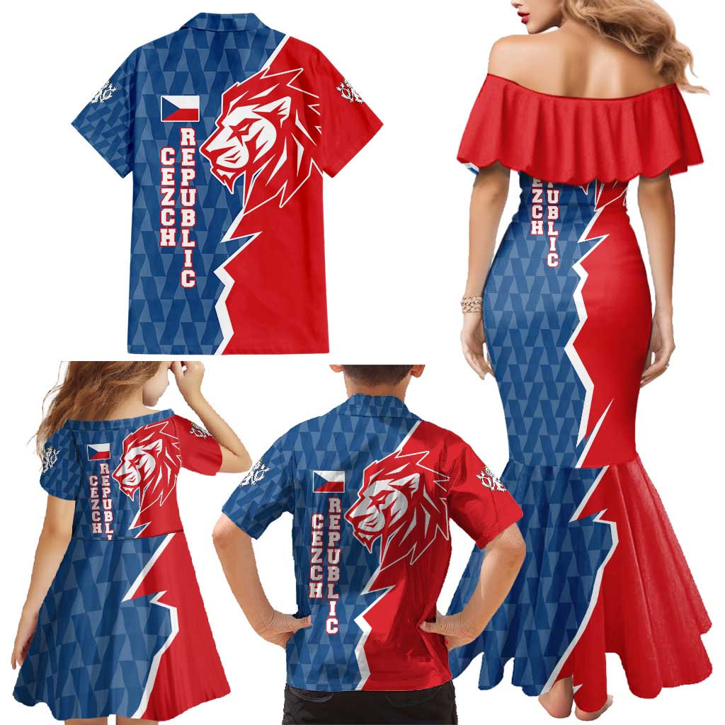 Czech Republic Family Matching Mermaid Dress and Hawaiian Shirt with Red Blue Modern Lion Design and Geometric Flag - Wonder Print Shop