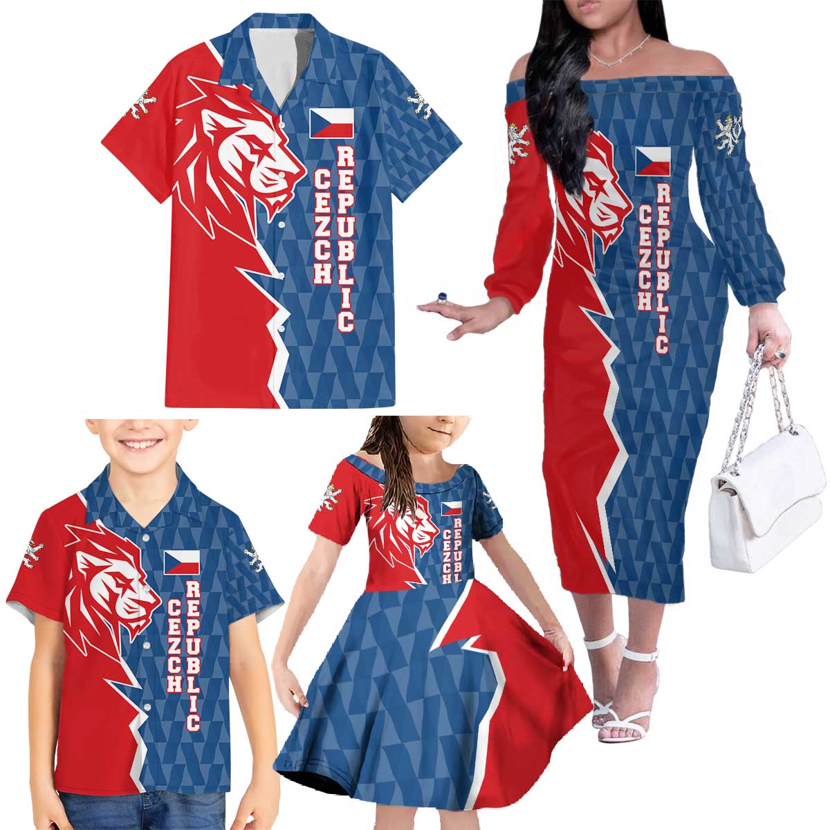Czech Republic Family Matching Off The Shoulder Long Sleeve Dress and Hawaiian Shirt with Red Blue Modern Lion Design and Geometric Flag - Wonder Print Shop