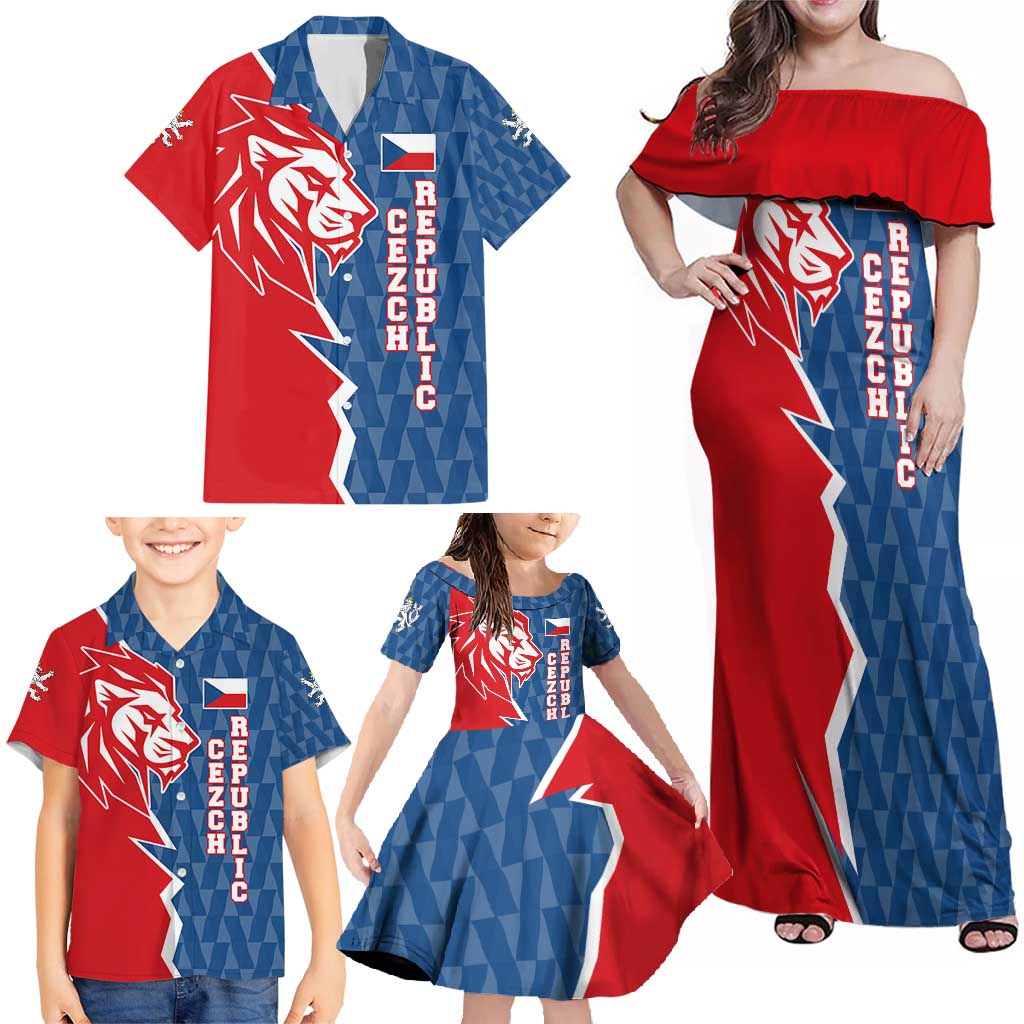 Czech Republic Family Matching Off Shoulder Maxi Dress and Hawaiian Shirt with Red Blue Modern Lion Design and Geometric Flag - Wonder Print Shop