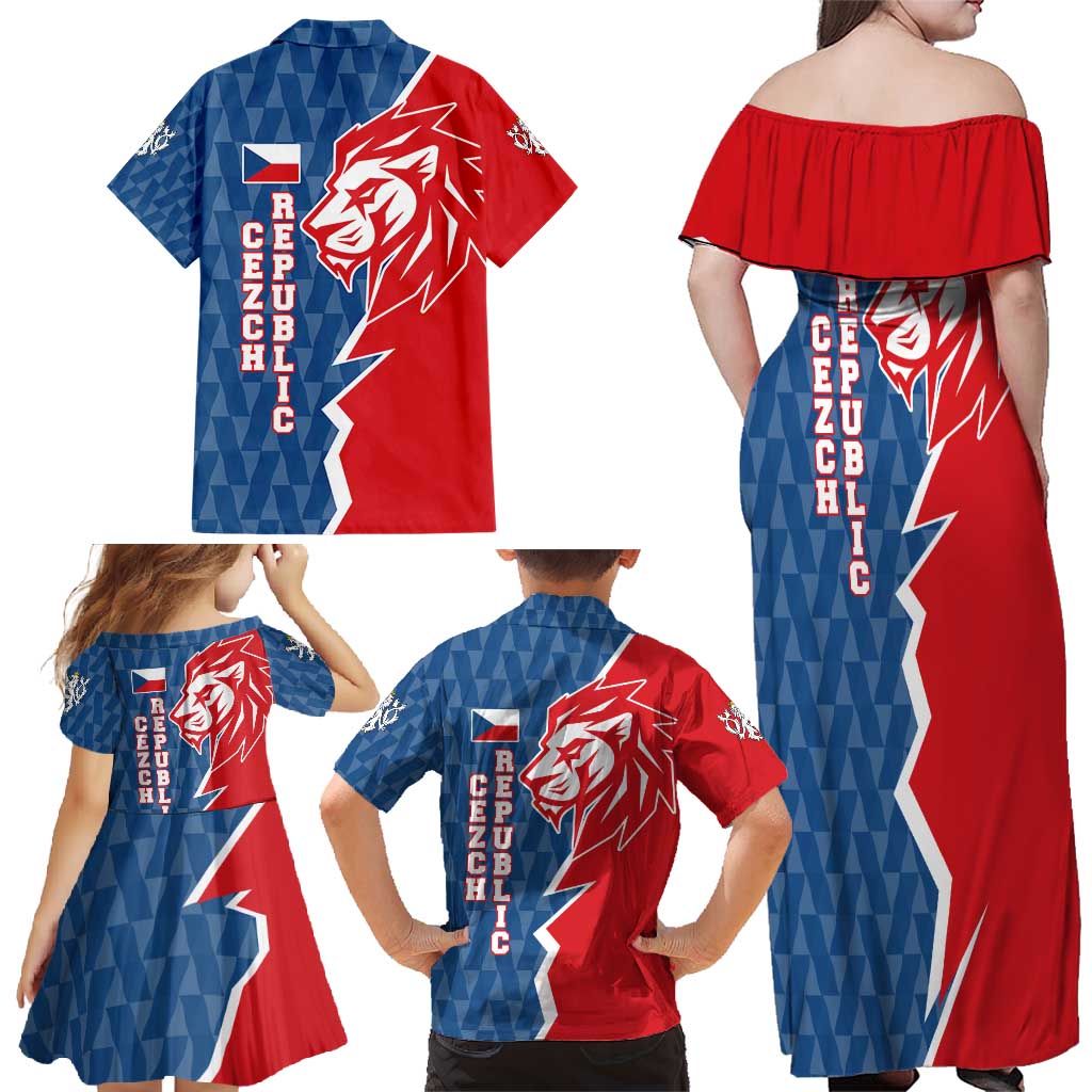 Czech Republic Family Matching Off Shoulder Maxi Dress and Hawaiian Shirt with Red Blue Modern Lion Design and Geometric Flag - Wonder Print Shop