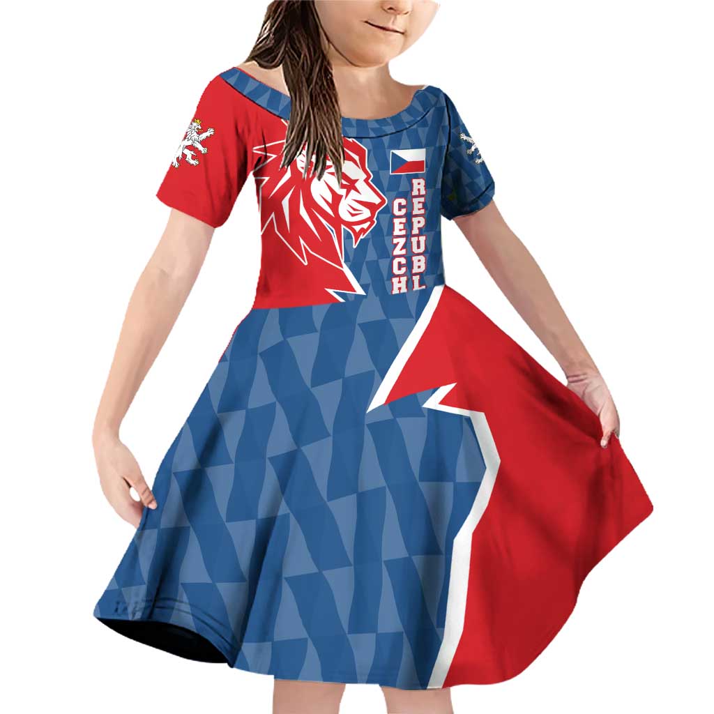 Czech Republic Family Matching Off Shoulder Short Dress and Hawaiian Shirt with Red Blue Modern Lion Design and Geometric Flag - Wonder Print Shop