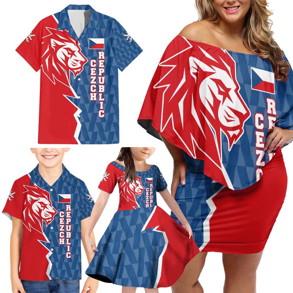 Czech Republic Family Matching Off Shoulder Short Dress and Hawaiian Shirt with Red Blue Modern Lion Design and Geometric Flag - Wonder Print Shop