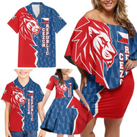 Czech Republic Family Matching Off Shoulder Short Dress and Hawaiian Shirt with Red Blue Modern Lion Design and Geometric Flag - Wonder Print Shop