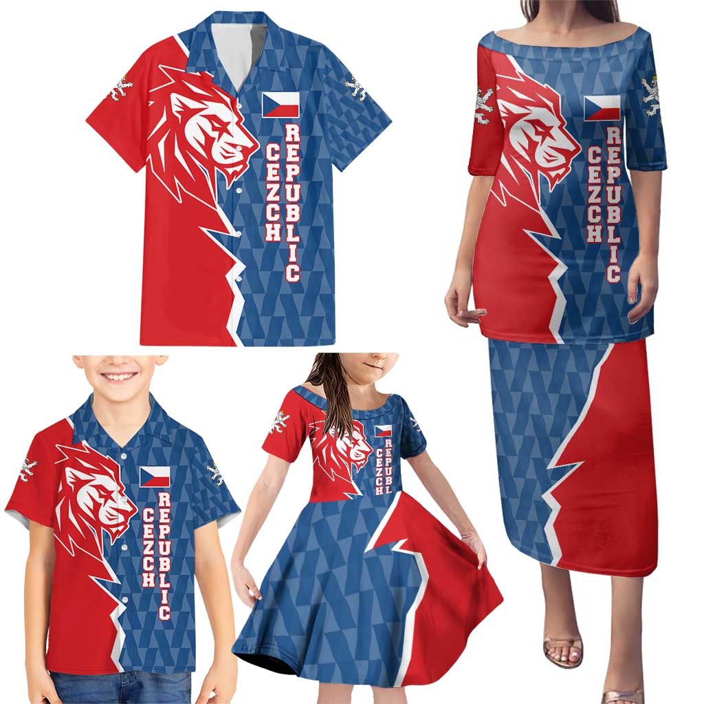 Czech Republic Family Matching Puletasi and Hawaiian Shirt with Red Blue Modern Lion Design and Geometric Flag - Wonder Print Shop