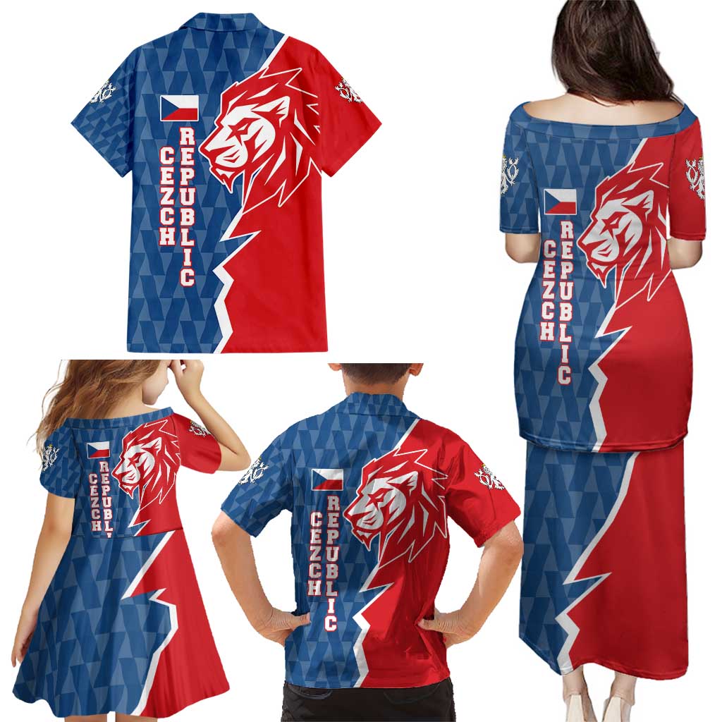 Czech Republic Family Matching Puletasi and Hawaiian Shirt with Red Blue Modern Lion Design and Geometric Flag - Wonder Print Shop