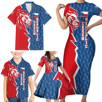 Czech Republic Family Matching Short Sleeve Bodycon Dress and Hawaiian Shirt with Red Blue Modern Lion Design and Geometric Flag - Wonder Print Shop