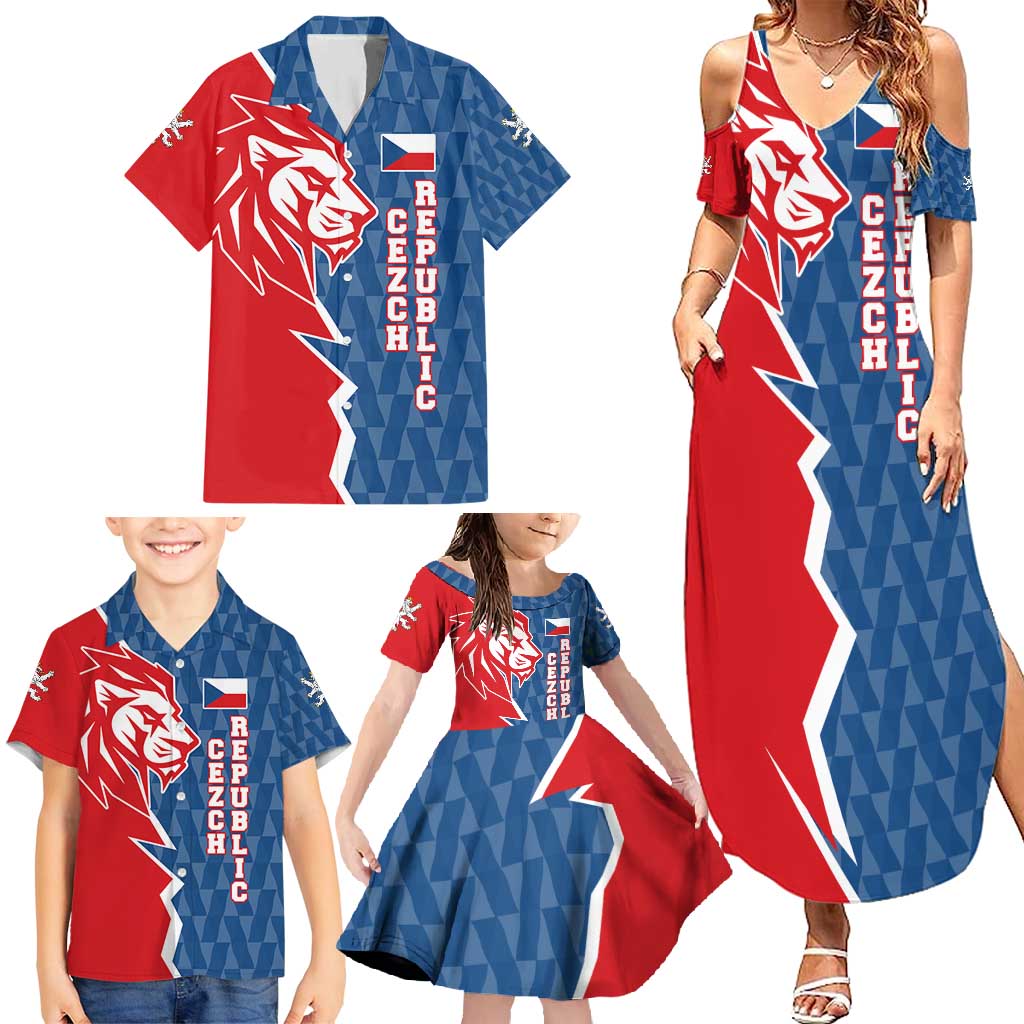 Czech Republic Family Matching Summer Maxi Dress and Hawaiian Shirt with Red Blue Modern Lion Design and Geometric Flag - Wonder Print Shop