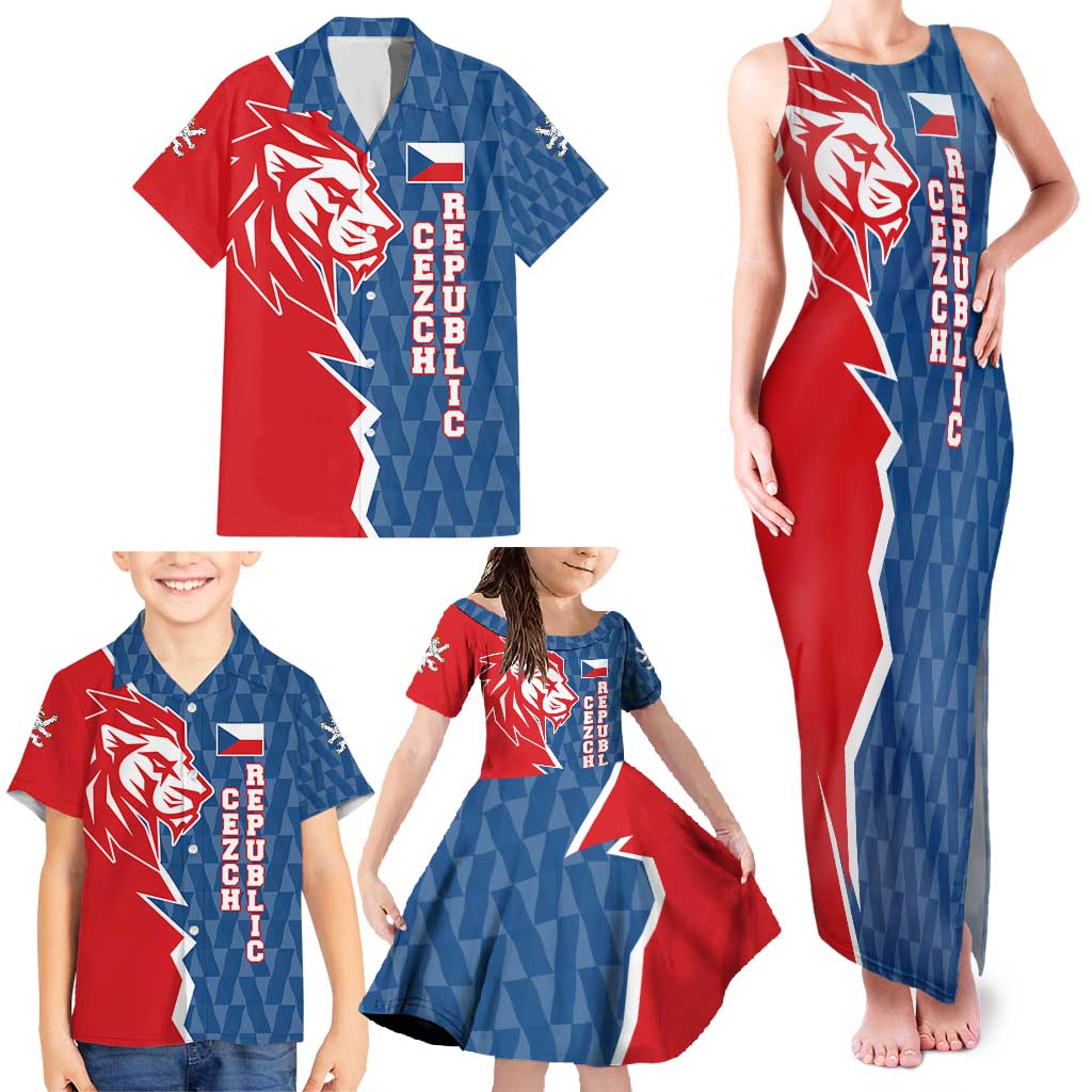 Czech Republic Family Matching Tank Maxi Dress and Hawaiian Shirt with Red Blue Modern Lion Design and Geometric Flag - Wonder Print Shop