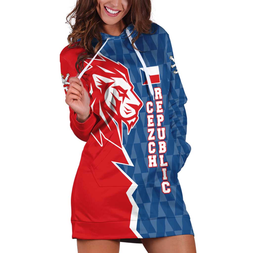 Czech Republic Hoodie Dress with Red Blue Modern Lion Design and Geometric Flag - Wonder Print Shop