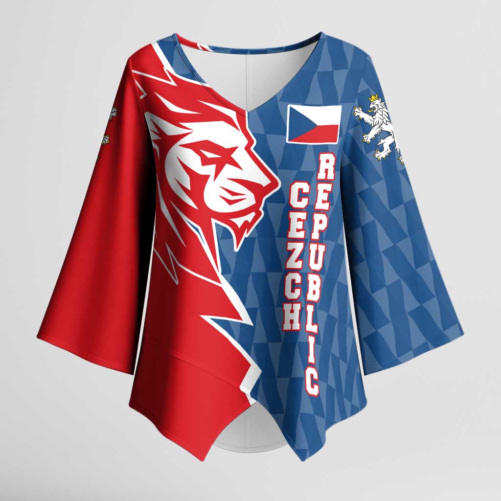 Czech Republic Kimono Sleeve Blouse with Red Blue Modern Lion Design and Geometric Flag - Wonder Print Shop