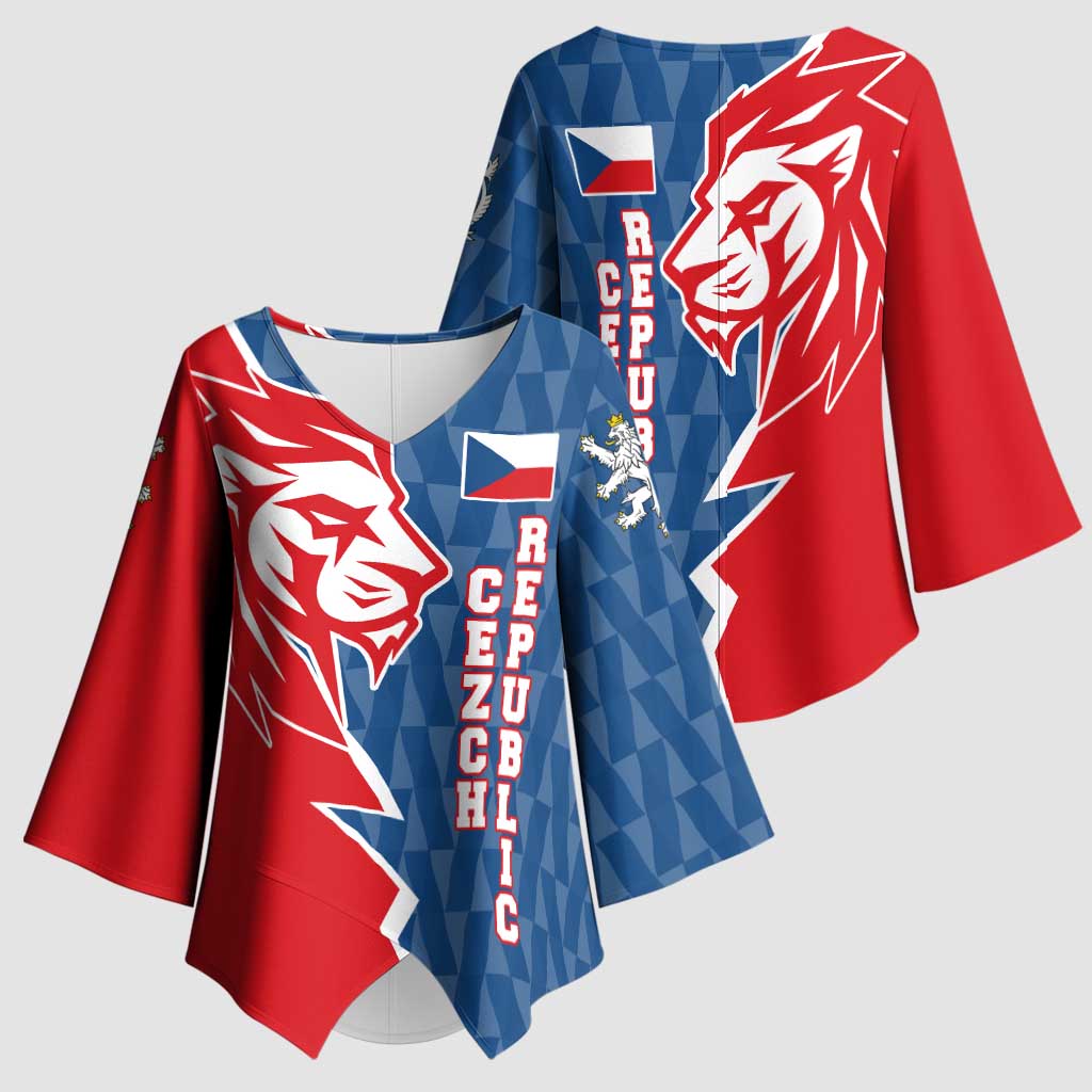 Czech Republic Kimono Sleeve Blouse with Red Blue Modern Lion Design and Geometric Flag - Wonder Print Shop