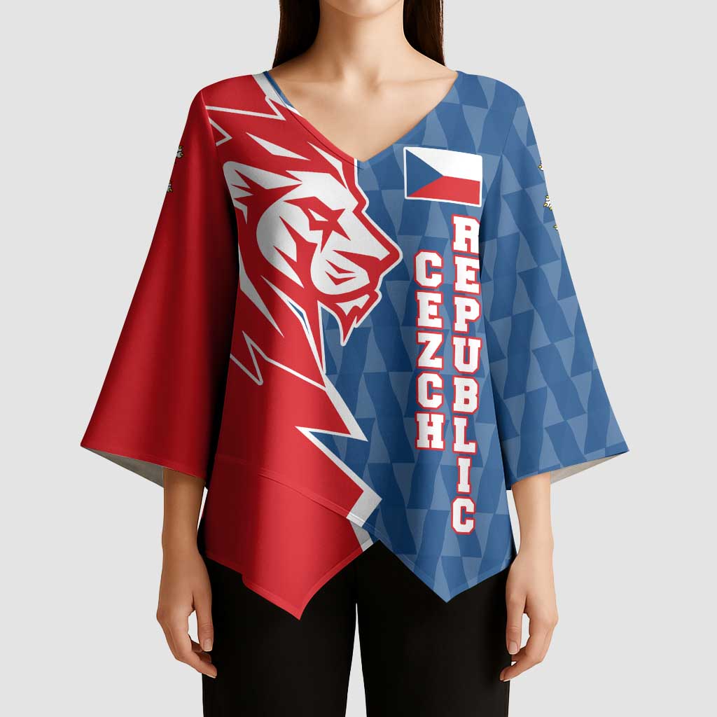 Czech Republic Kimono Sleeve Blouse with Red Blue Modern Lion Design and Geometric Flag - Wonder Print Shop