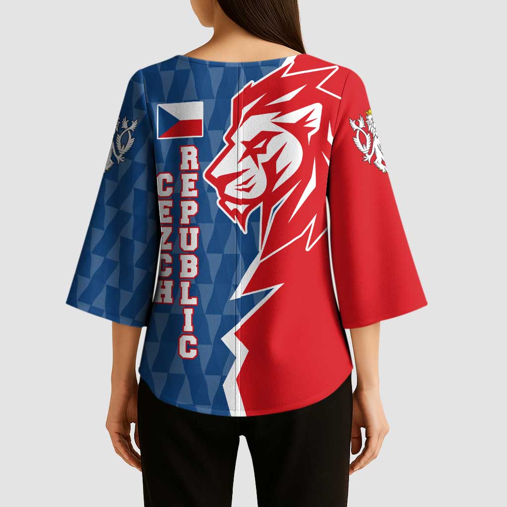 Czech Republic Kimono Sleeve Blouse with Red Blue Modern Lion Design and Geometric Flag - Wonder Print Shop