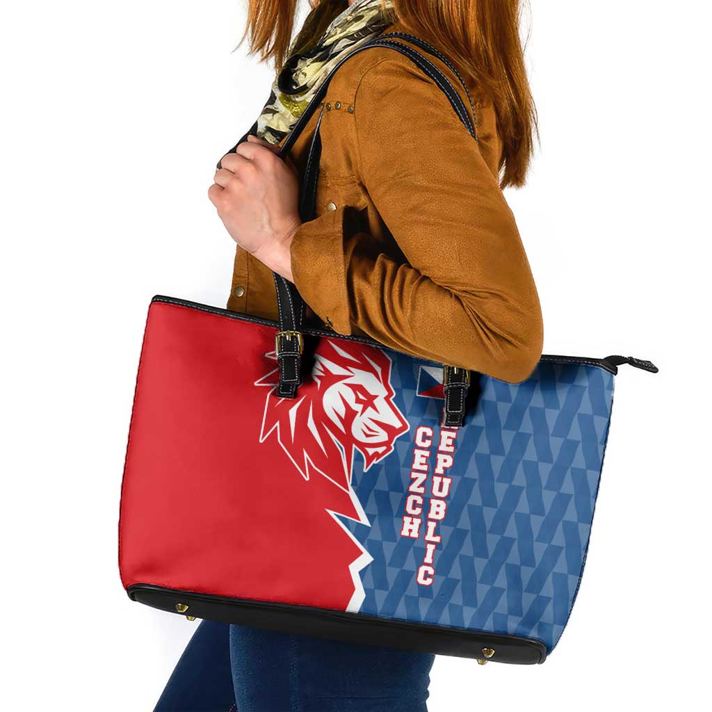 Czech Republic Leather Tote Bag with Red Blue Modern Lion Design and Geometric Flag - Wonder Print Shop