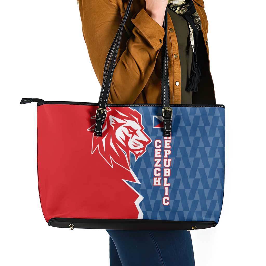 Czech Republic Leather Tote Bag with Red Blue Modern Lion Design and Geometric Flag - Wonder Print Shop