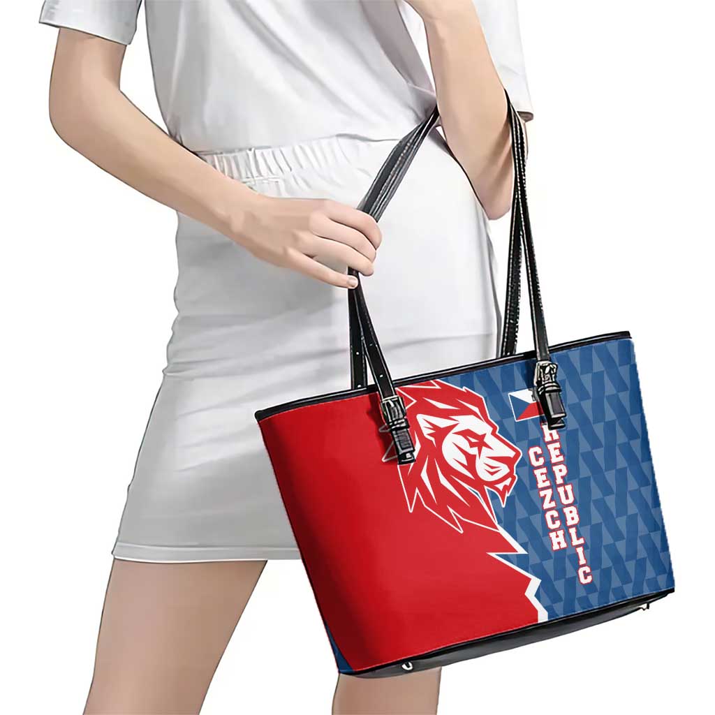 Czech Republic Leather Tote Bag with Red Blue Modern Lion Design and Geometric Flag - Wonder Print Shop