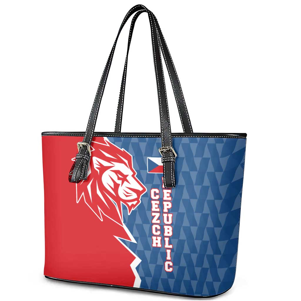 Czech Republic Leather Tote Bag with Red Blue Modern Lion Design and Geometric Flag - Wonder Print Shop