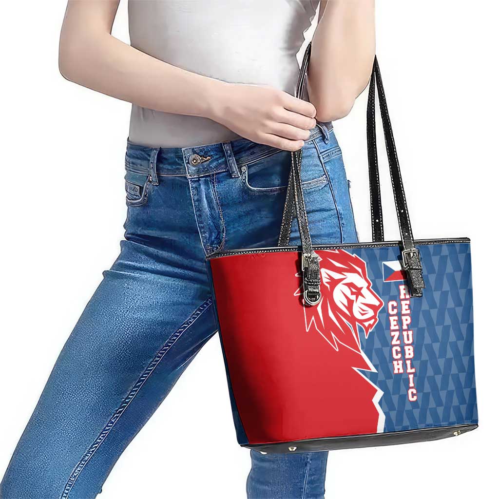 Czech Republic Leather Tote Bag with Red Blue Modern Lion Design and Geometric Flag - Wonder Print Shop