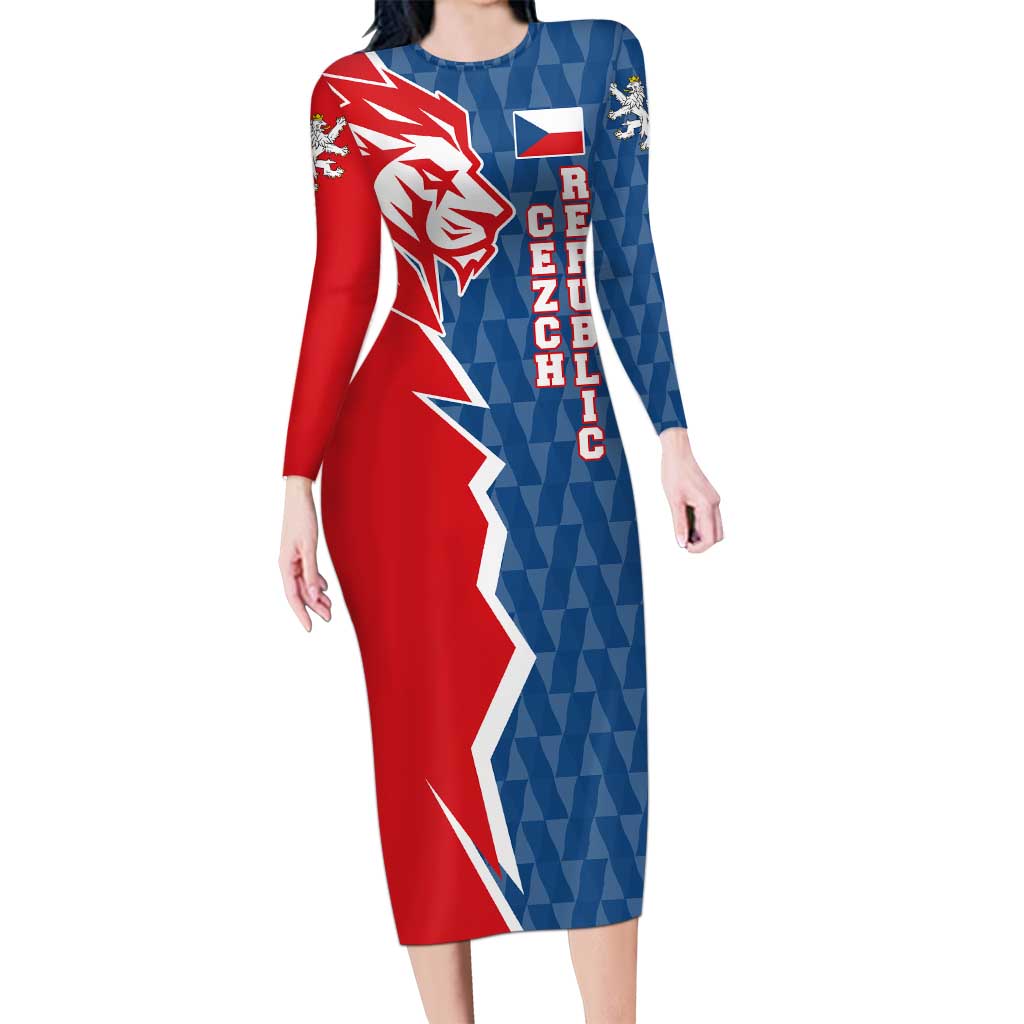 Czech Republic Long Sleeve Bodycon Dress with Red Blue Modern Lion Design and Geometric Flag - Wonder Print Shop