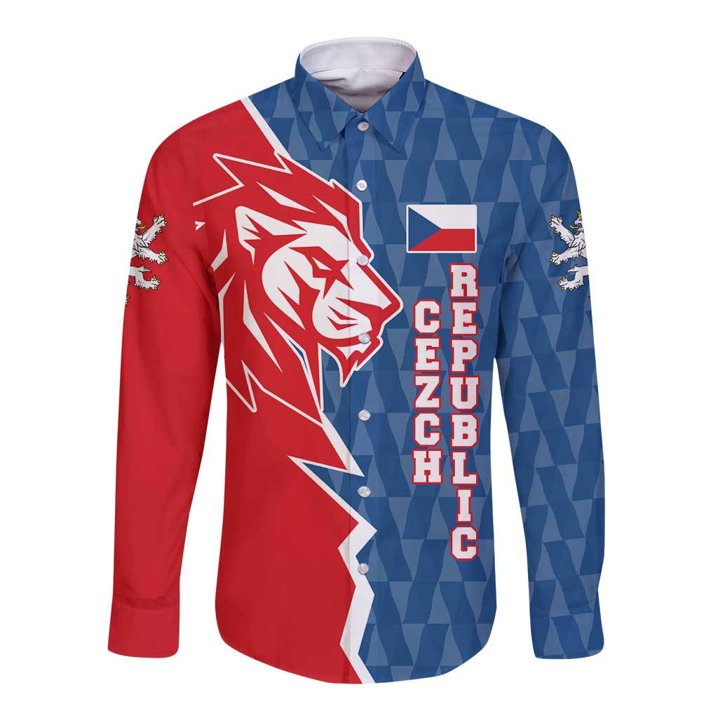 Czech Republic Long Sleeve Button Shirt with Red Blue Modern Lion Design and Geometric Flag - Wonder Print Shop