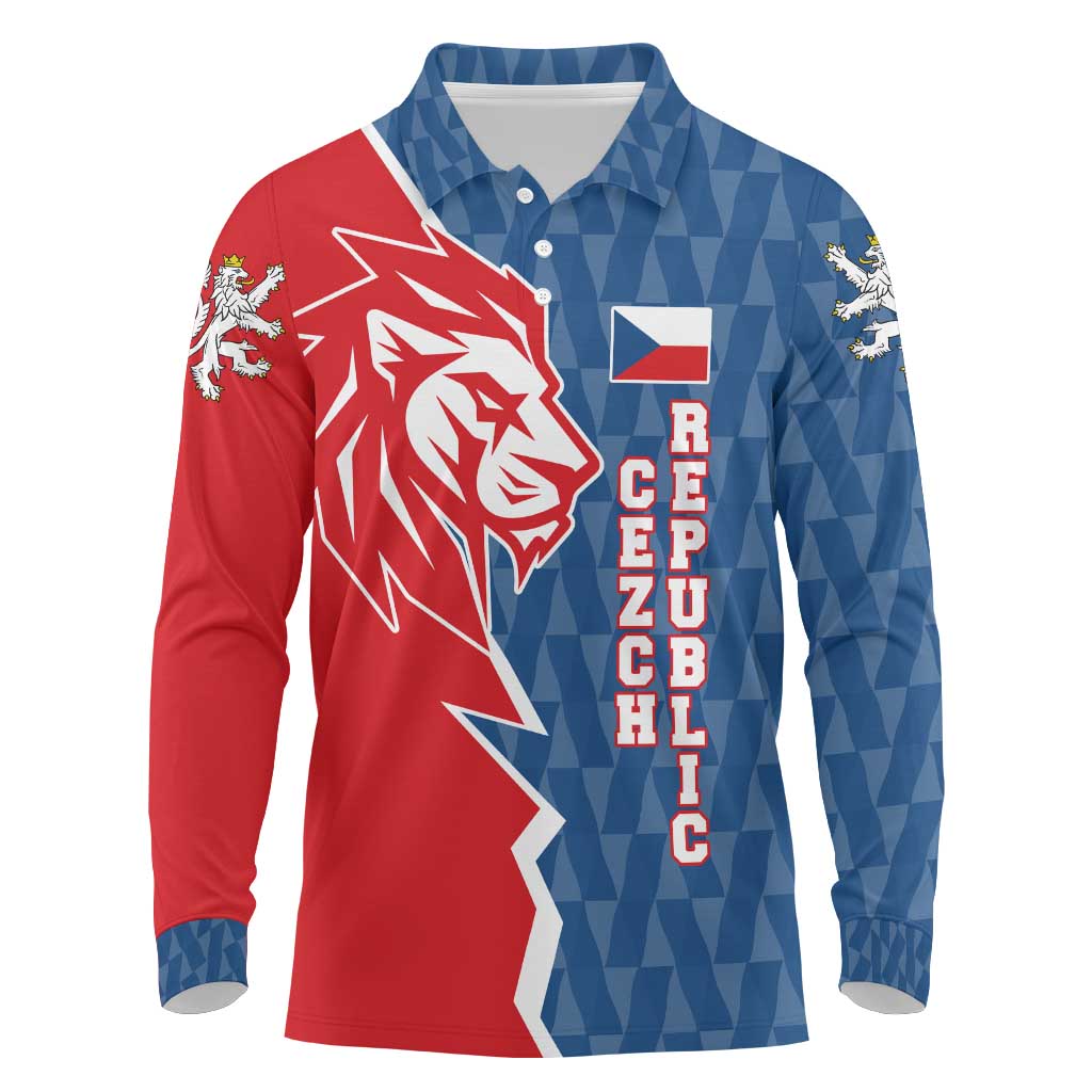 Czech Republic Long Sleeve Polo Shirt with Red Blue Modern Lion Design and Geometric Flag - Wonder Print Shop