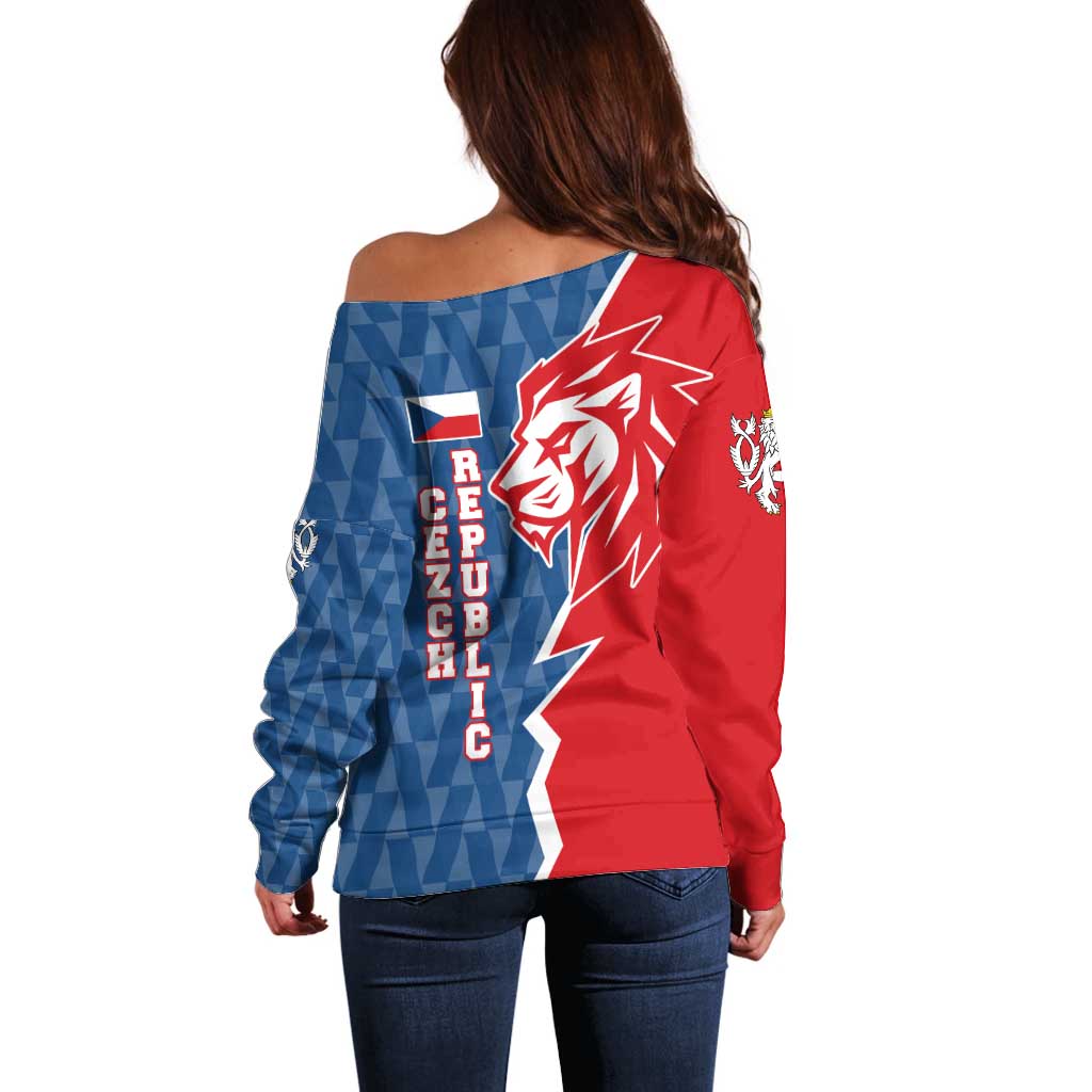 Czech Republic Off Shoulder Sweater with Red Blue Modern Lion Design and Geometric Flag - Wonder Print Shop