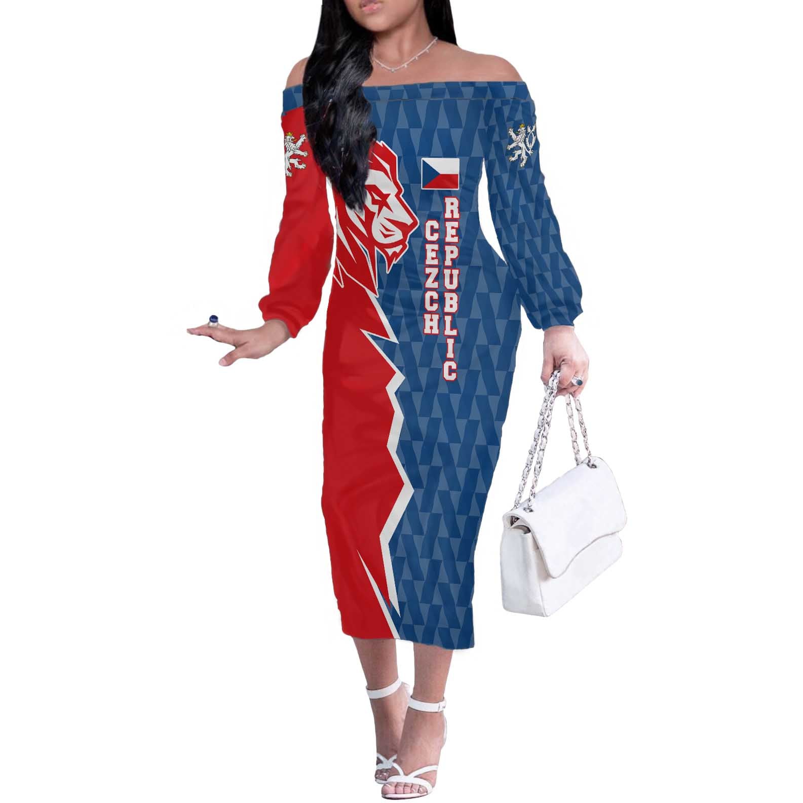 Czech Republic Off The Shoulder Long Sleeve Dress with Red Blue Modern Lion Design and Geometric Flag - Wonder Print Shop