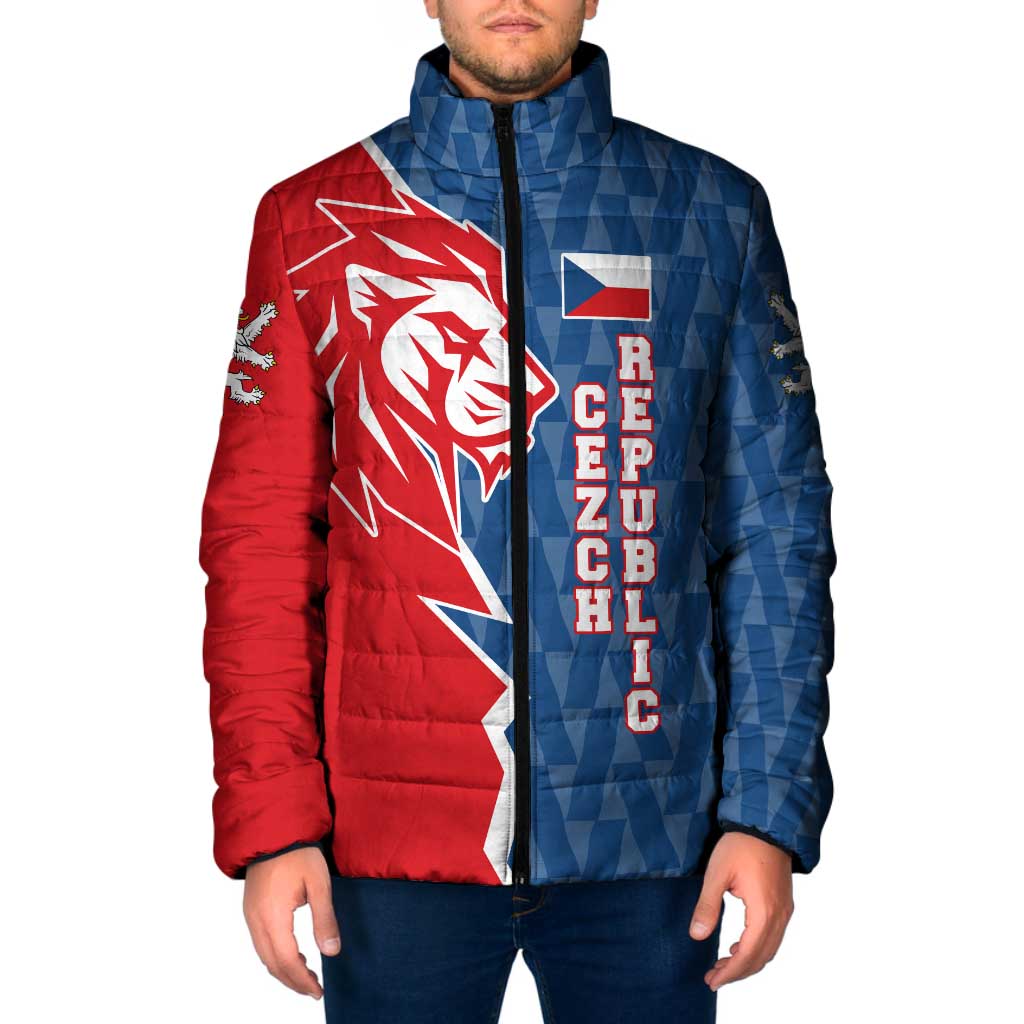 Czech Republic Padded Jacket with Red Blue Modern Lion Design and Geometric Flag - Wonder Print Shop