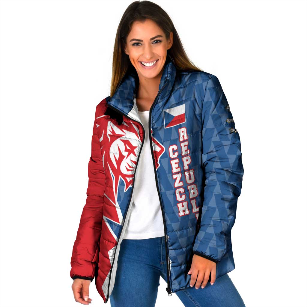 Czech Republic Padded Jacket with Red Blue Modern Lion Design and Geometric Flag - Wonder Print Shop