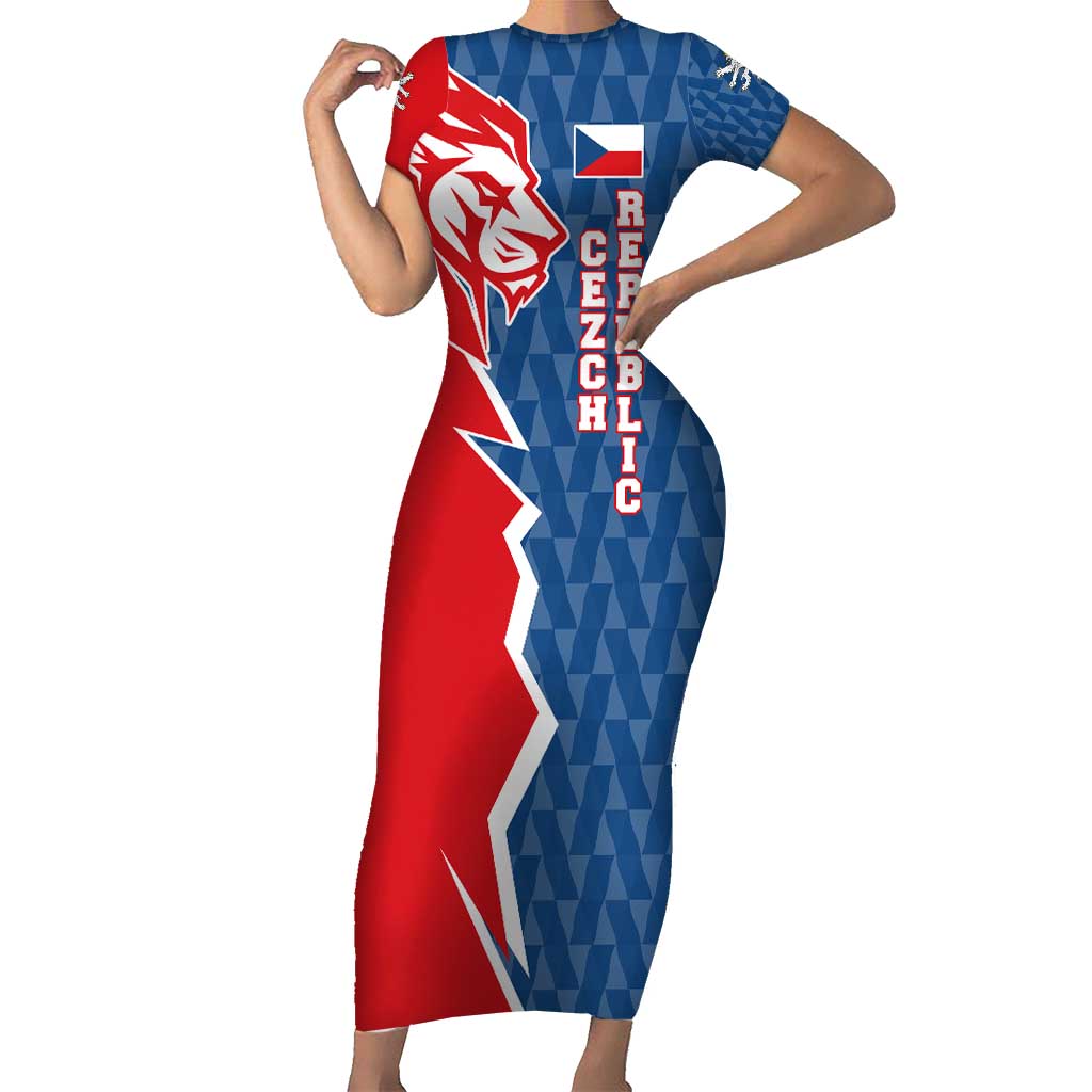 Czech Republic Short Sleeve Bodycon Dress with Red Blue Modern Lion Design and Geometric Flag - Wonder Print Shop