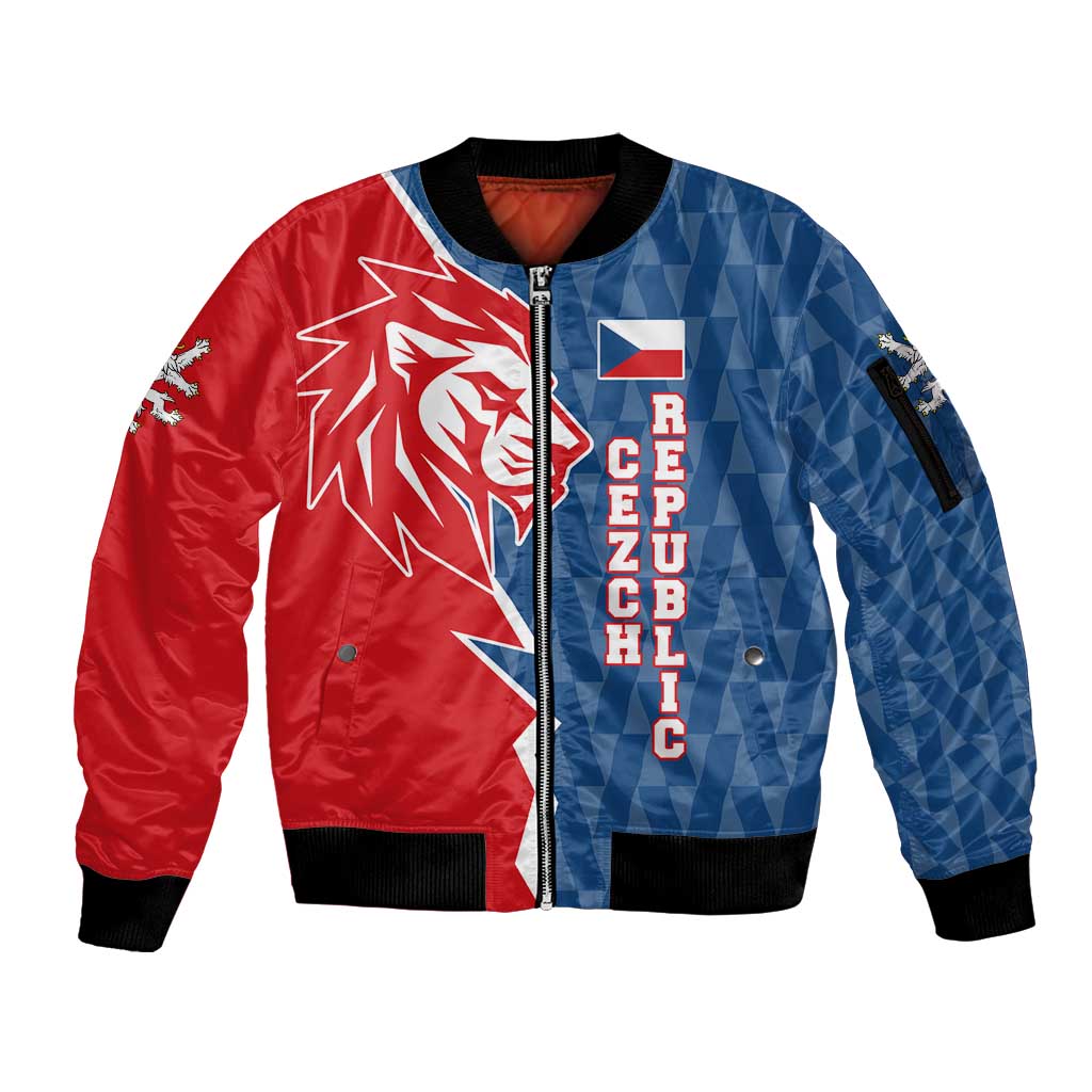 Czech Republic Sleeve Zip Bomber Jacket with Red Blue Modern Lion Design and Geometric Flag - Wonder Print Shop