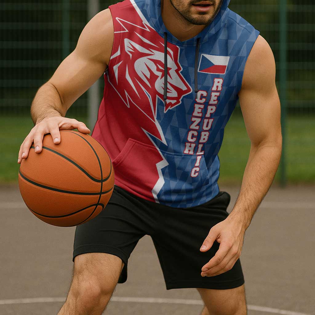 Czech Republic Sleeveless Hoodie with Red Blue Modern Lion Design and Geometric Flag - Wonder Print Shop