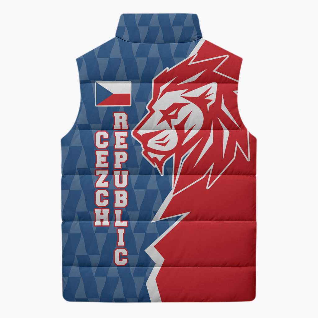 Czech Republic Sleeveless Puffer Jacket with Red Blue Modern Lion Design and Geometric Flag - Wonder Print Shop