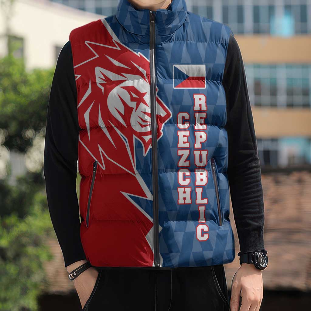 Czech Republic Sleeveless Puffer Jacket with Red Blue Modern Lion Design and Geometric Flag - Wonder Print Shop