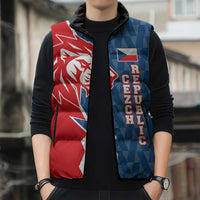 Czech Republic Sleeveless Puffer Jacket with Red Blue Modern Lion Design and Geometric Flag - Wonder Print Shop