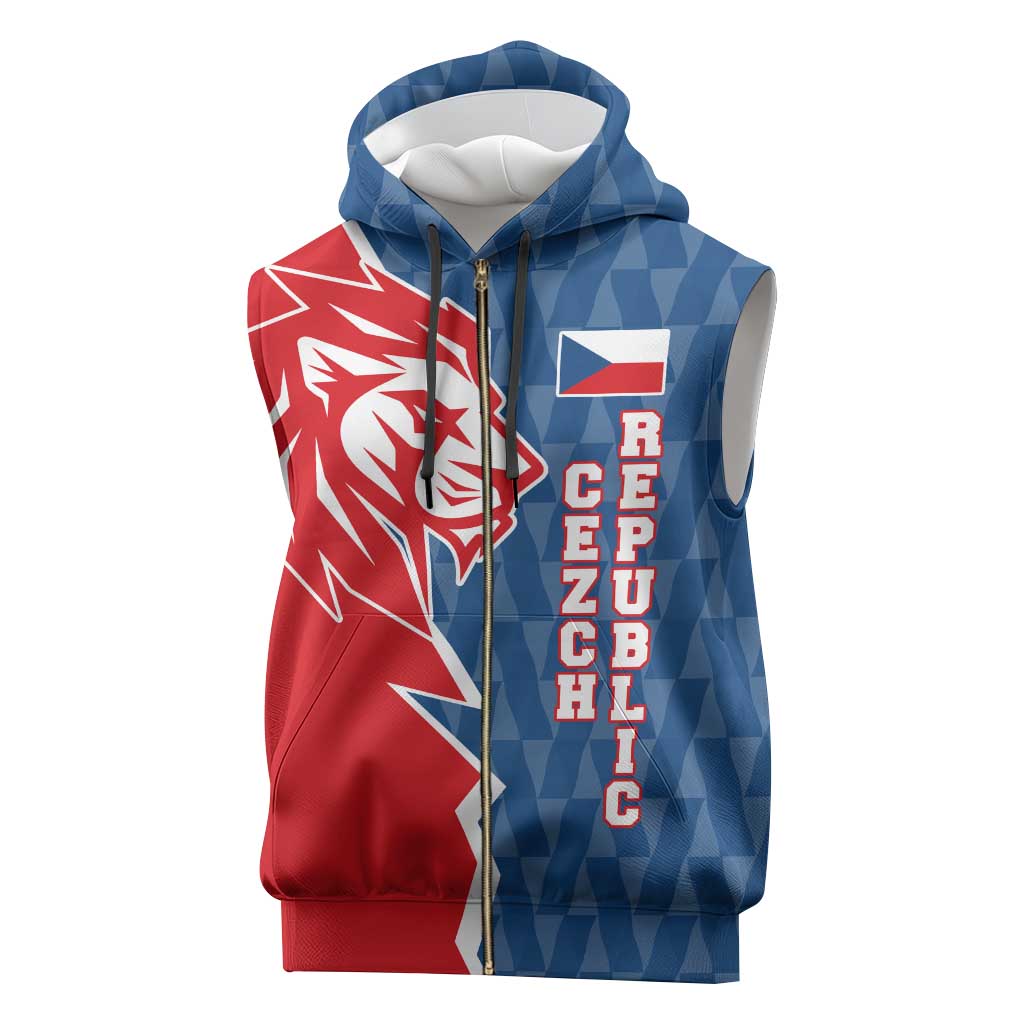 Czech Republic Sleeveless Zip Hoodie with Red Blue Modern Lion Design and Geometric Flag - Wonder Print Shop