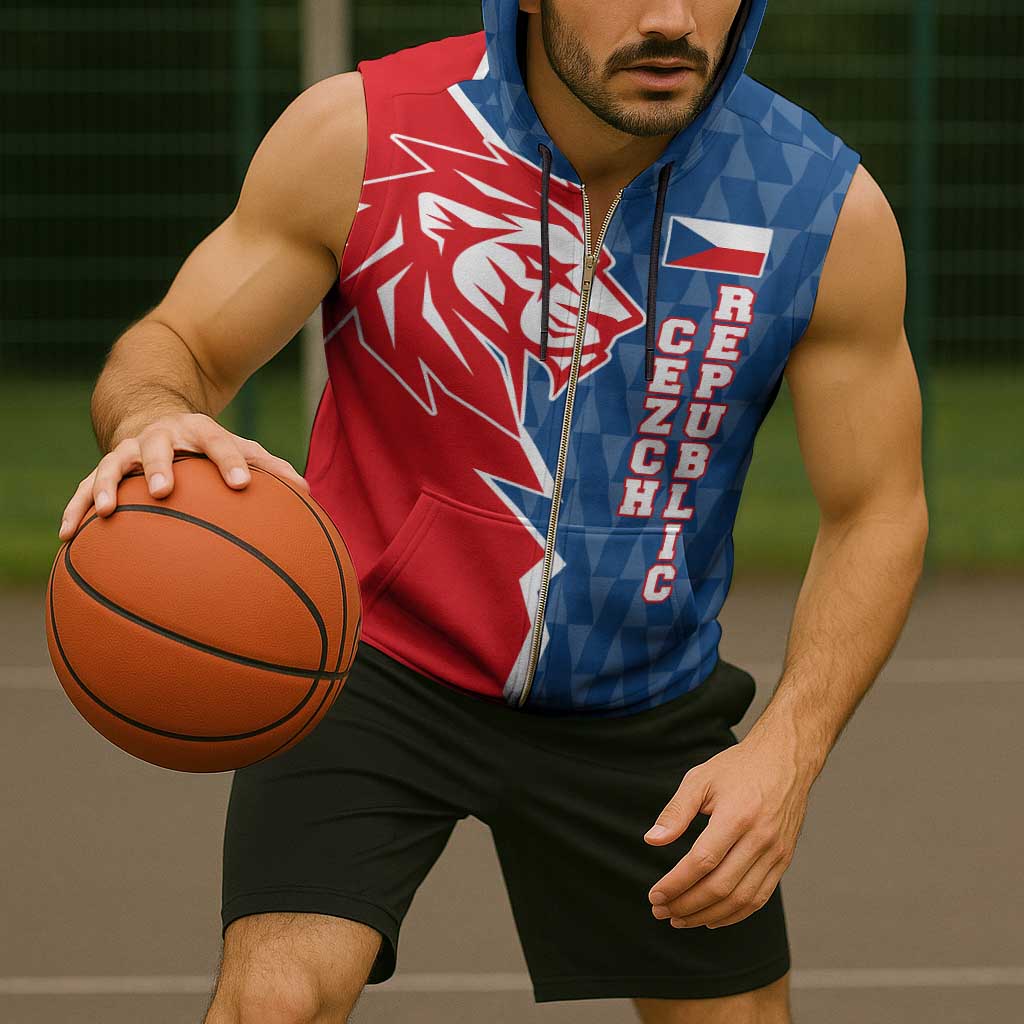 Czech Republic Sleeveless Zip Hoodie with Red Blue Modern Lion Design and Geometric Flag - Wonder Print Shop