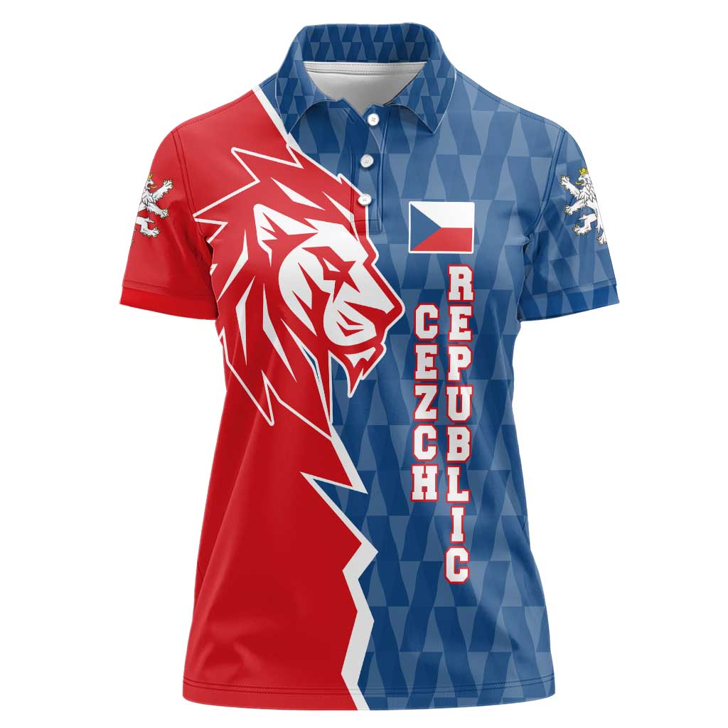Czech Republic Women Polo Shirt with Red Blue Modern Lion Design and Geometric Flag - Wonder Print Shop