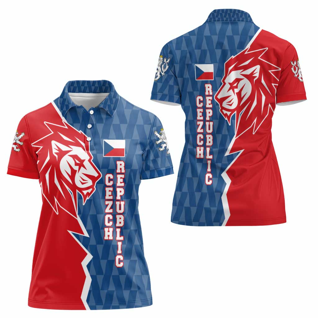 Czech Republic Women Polo Shirt with Red Blue Modern Lion Design and Geometric Flag - Wonder Print Shop