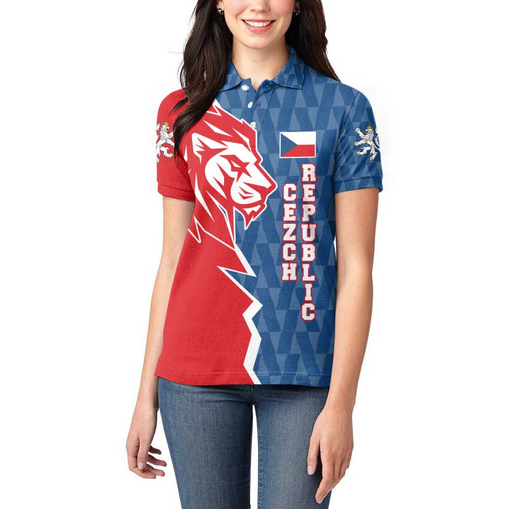 Czech Republic Women Polo Shirt with Red Blue Modern Lion Design and Geometric Flag - Wonder Print Shop
