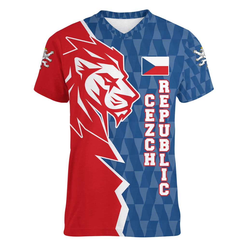 Czech Republic Women V-Neck T-Shirt with Red Blue Modern Lion Design and Geometric Flag - Wonder Print Shop