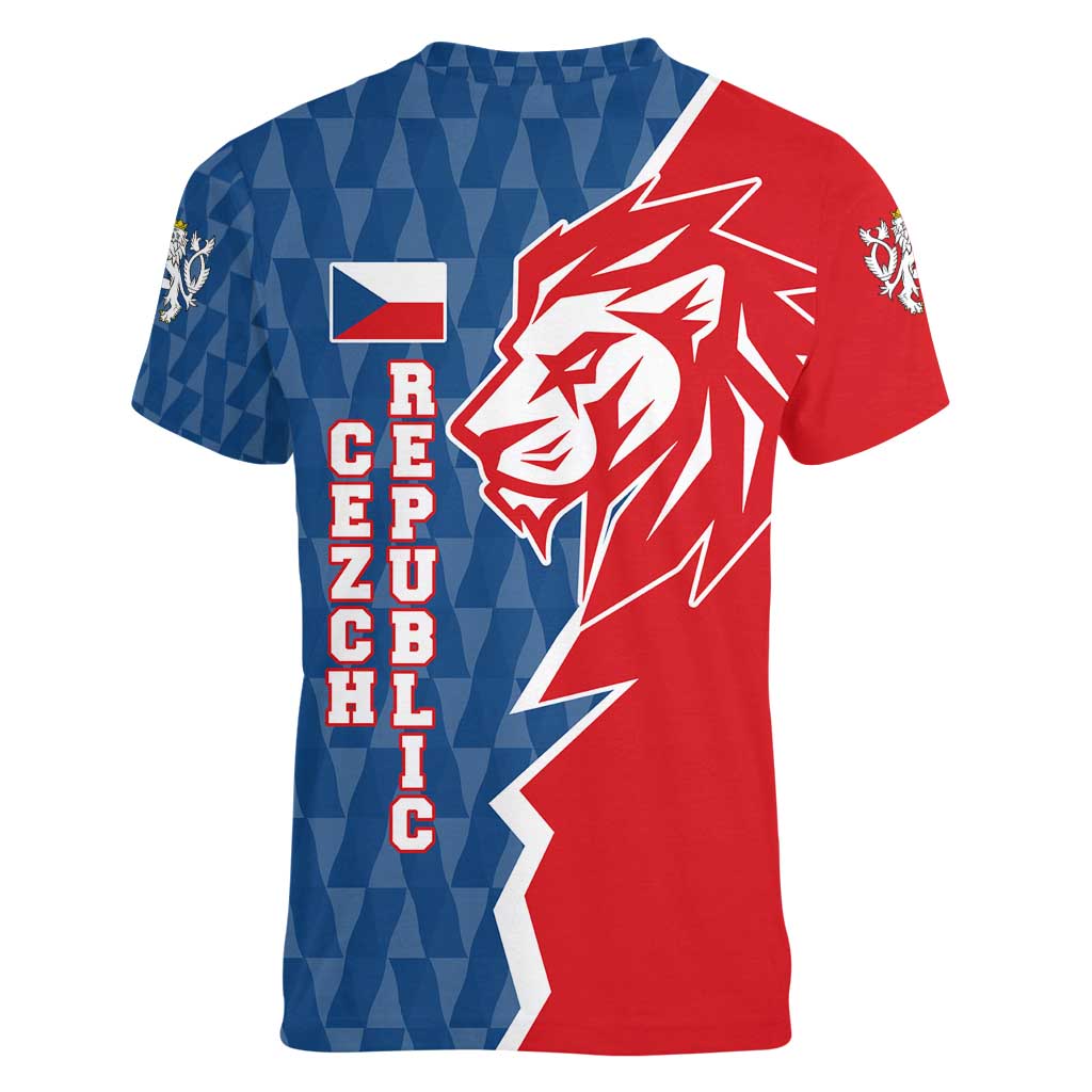 Czech Republic Women V-Neck T-Shirt with Red Blue Modern Lion Design and Geometric Flag - Wonder Print Shop