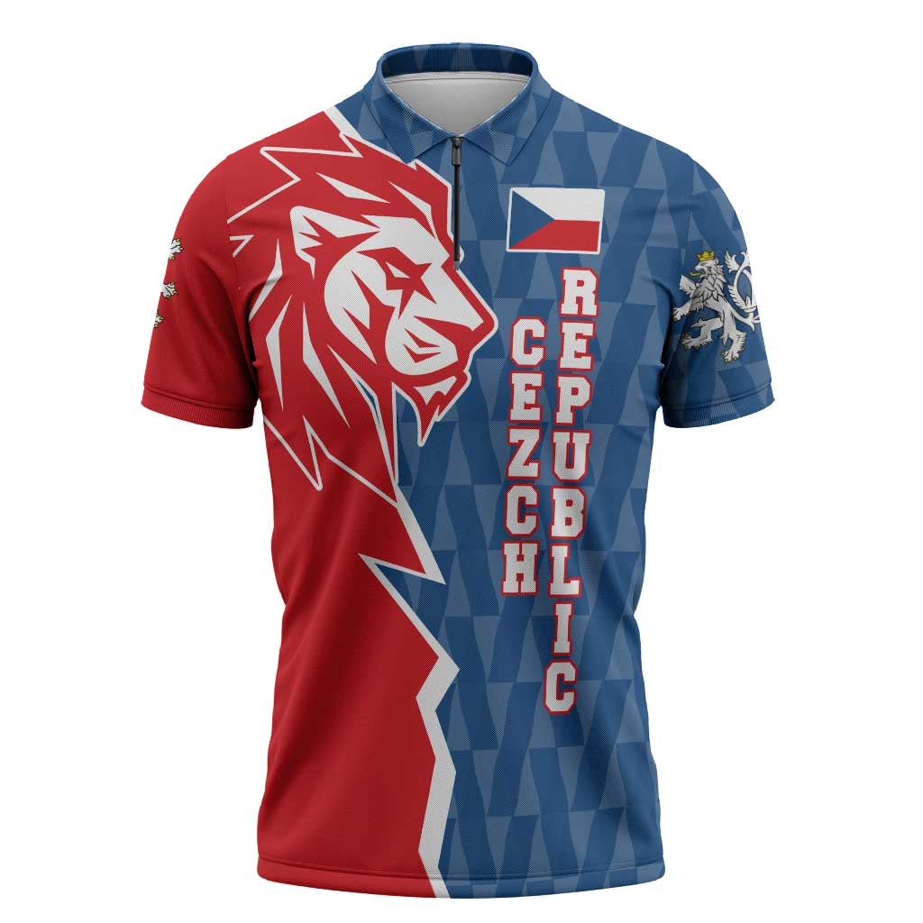 Czech Republic Zipper Polo Shirt with Red Blue Modern Lion Design and Geometric Flag - Wonder Print Shop