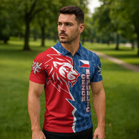 Czech Republic Zipper Polo Shirt with Red Blue Modern Lion Design and Geometric Flag - Wonder Print Shop