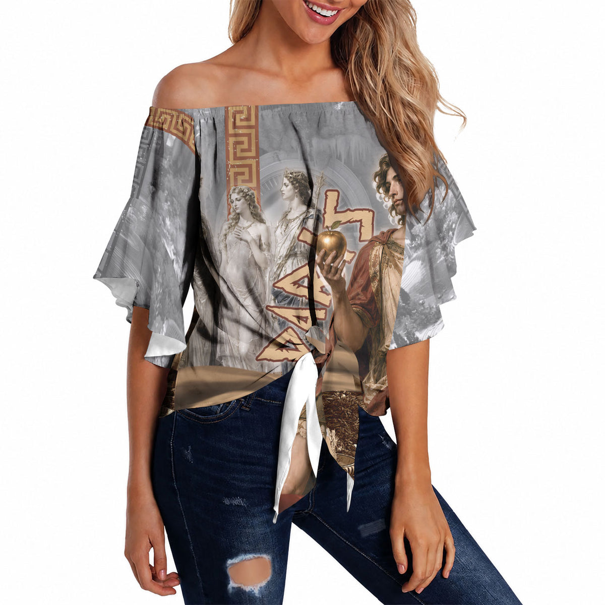 Judgement of Paris Off Shoulder Wrap Waist Top Ancient Greek Mythology Classical Painting