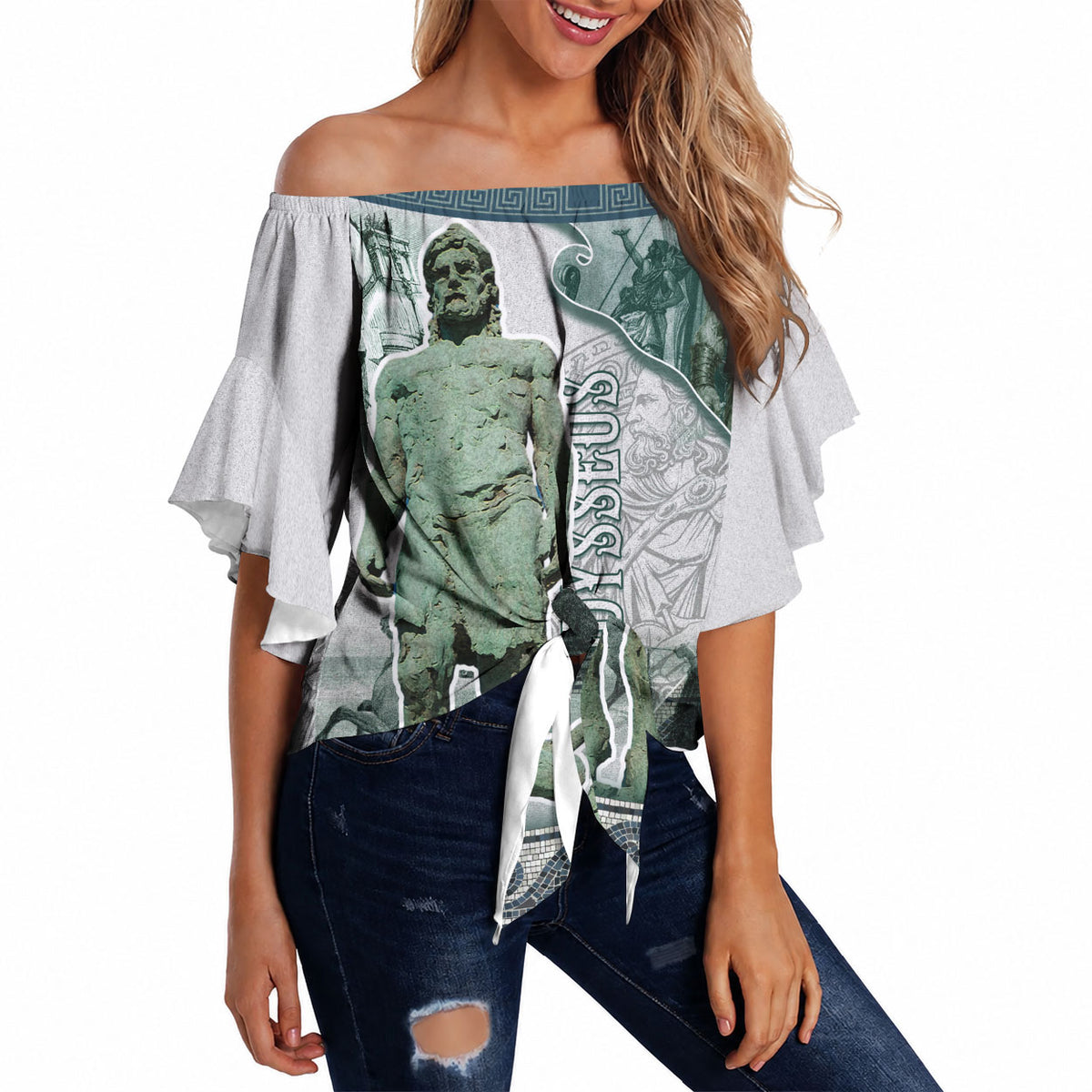 Odysseus King Of Ithaca Off Shoulder Wrap Waist Top Ancient Greek Statue Mosaic Classic Mythology Art