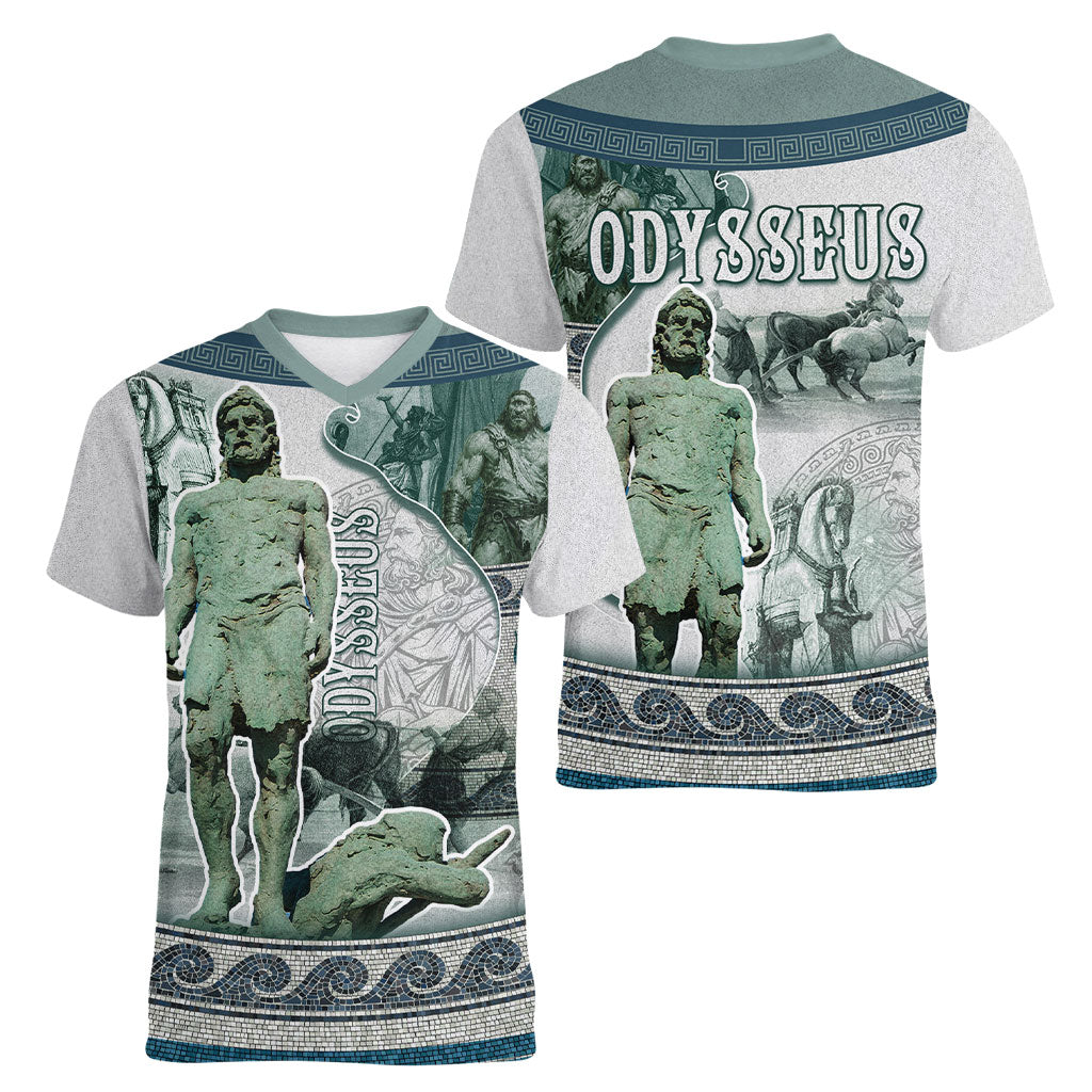 Odysseus King Of Ithaca Women V-Neck T-Shirt Ancient Greek Statue Mosaic Classic Mythology Art